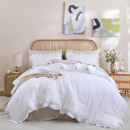 JANZAA Twin Comforter Set White Comforter Ruffled Comforter Set Soft Twin Size Bed Set Vintage Farmhouse Bed Comforter Set Fluffy Shabby Chic Bedding with 1 Pillowcase