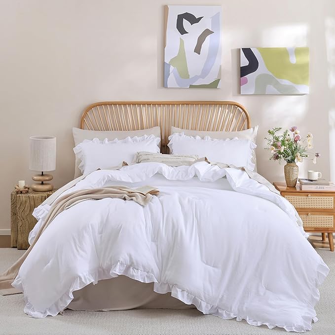 JANZAA King Size Comforter Set White Ruffled Comforter Set Soft Vintage Farmhouse Bed Beding Set Fluffy 3PCS Shabby Chic Bedding with 2 Pillowcases