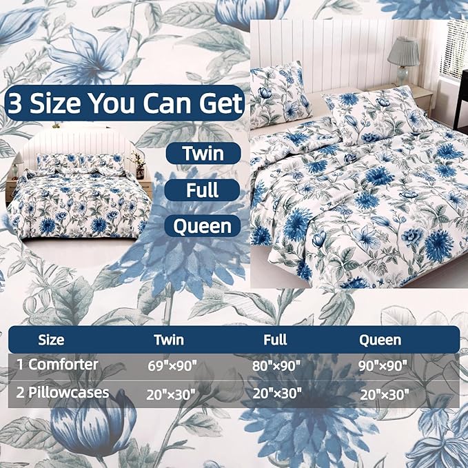 SDIII Blue Floral Comforter Set Full 3 Pieces, Soft Microfiber Cornflower Blue Comforter Full, Vintage Floral Bedding Set All Season