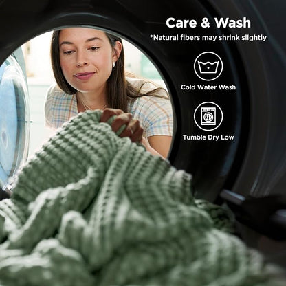 Bedsure Cooling Cotton Waffle Queen Size Blanket - Lightweight Summer Blanket of Rayon Derived from Bamboo for Hot Sleepers, Luxury Throws for Bed, Couch and Sofa, Sage Green, 90x90 Inches