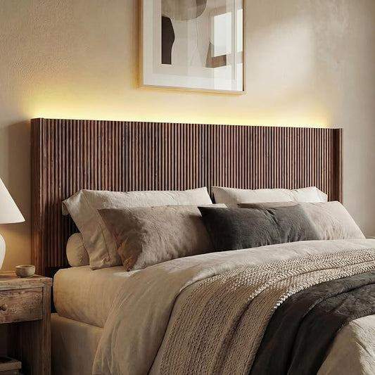 Queen Size Headboard Only, Modern Fluted Wall-Mounted Head Board with Lighting, Boho Wood Bed headboard Stylish Bedroom Decor, Espresso