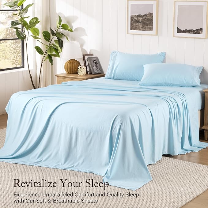 ROSE&RISY King Size Sheet Set, Pre-Washed Microfiber Cotton-Like 4 Pcs Ultra Soft Bedding Set King, Breathable Cooling Skin-Friendly All Seasons, 1 Fitted, 1 Flat, 2 Pillowcases (Baby Blue, King)