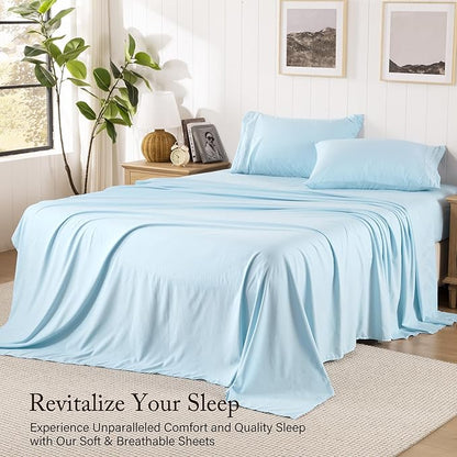 ROSE&RISY King Size Sheet Set, Pre-Washed Microfiber Cotton-Like 4 Pcs Ultra Soft Bedding Set King, Breathable Cooling Skin-Friendly All Seasons, 1 Fitted, 1 Flat, 2 Pillowcases (Baby Blue, King)