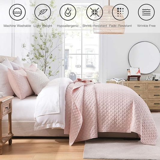 HORIMOTE HOME Quilt Twin Size Light Pink, Lightweight Quilt for Summer Ultra-Soft Microfiber Modern Style Quilted Clouds Pattern Bedspread Quit Set 2 Pieces (1 Quilt and 1 Pillow Sham)