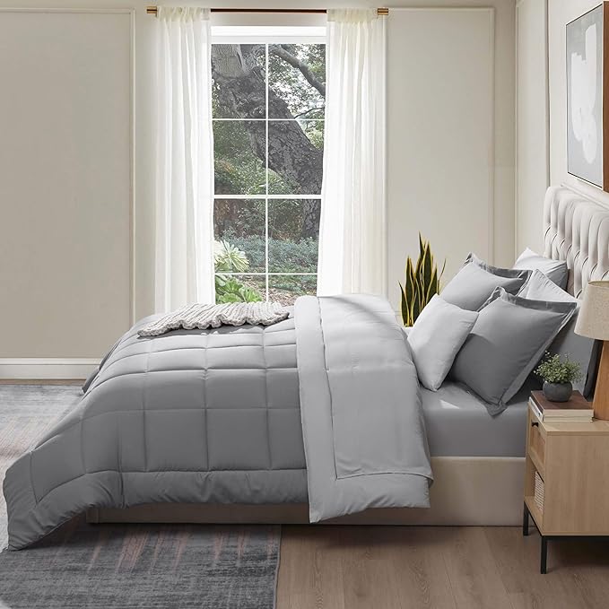 Nestl 7 Piece California King Comforter Set – Grey Reversible Bed in a Bag – Complete Cal King Size Bedding Set with Sheets, Pillowcases and Shams