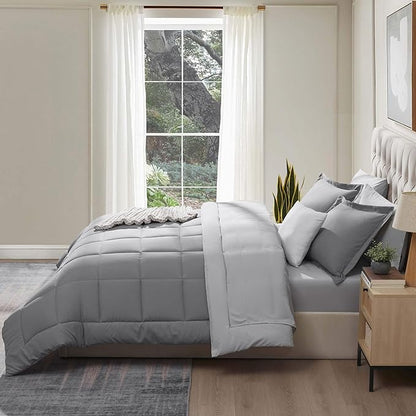 Nestl 7 Piece California King Comforter Set – Grey Reversible Bed in a Bag – Complete Cal King Size Bedding Set with Sheets, Pillowcases and Shams