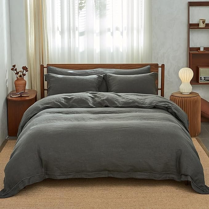 Simple&Opulence 100% Washed Linen Duvet Cover with Embroidered, 3 Pieces Soft Farmhouse Comforter Set with Button Closure,1 Duvet Cover and 2 Pillowshams(Full,Charcoal Grey)