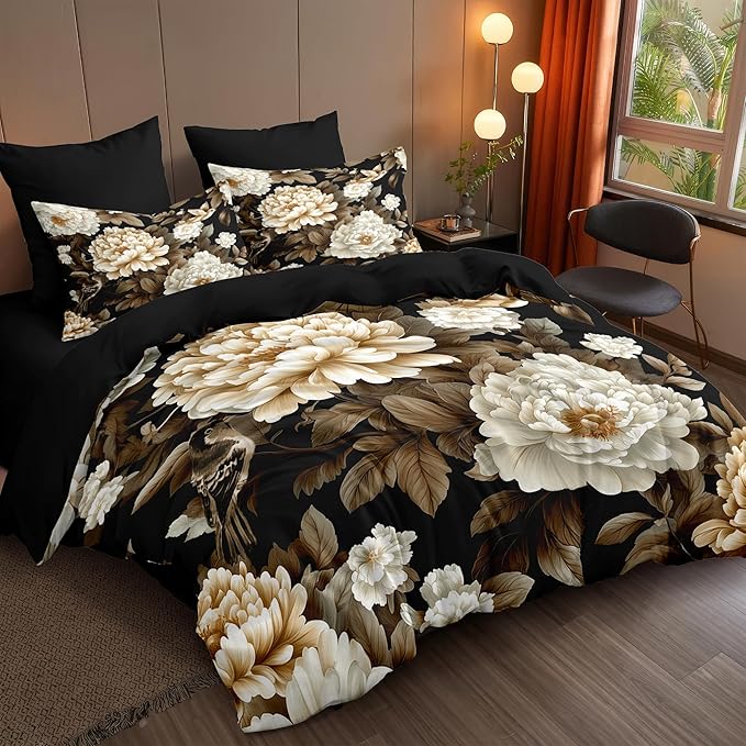 New Chinese Luxury Bedding Set Full Size, Black Peony & Bird Print Lightweight Comforter, Elegant Oriental Bedroom Decor with 2 Pillowcases/79 * 90