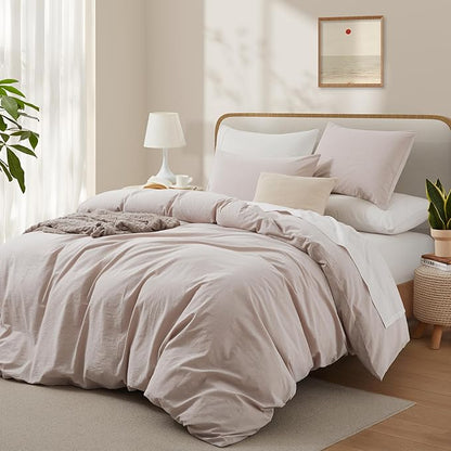 LOVQUE Bedding Duvet Cover Queen Size, 100% Washed Cotton Linen Like Natural Bedding Set with Zipper Closure (No Comforter), 90x90, Light Linen Grey