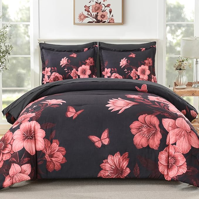 Floral King Size Comforter Set, 7 Piece Black Bed in a Bag, Elegant Flower Pattern Comforter Set with Sheet, Soft Microfiber Complete Bedding Sets for All Season