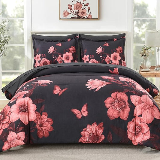 Floral King Size Comforter Set, 7 Piece Black Bed in a Bag, Elegant Flower Pattern Comforter Set with Sheet, Soft Microfiber Complete Bedding Sets for All Season