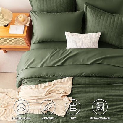 CozyLux Queen Comforter Set Olive Green Seersucker 7 Pieces Bed in a Bag Queen Comforter Set with Sheets, Luxury Bedding Sets with Down Alternative Comforter, Sheets, Pillowcases & Shams All Season