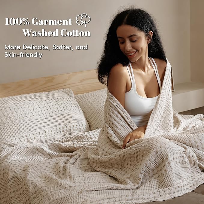PHF 100% Cotton Waffle Blanket Oversized King 120"x120", Lightweight Breathable Extra Large 10'x10' Blankets for Bed, Giant Big Luxury Aesthetic Woven Bedding for Home Decor, Light Taupe/Oatmeal