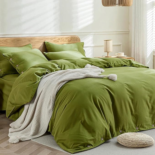 JELLYMONI Christmas Duvet Cover Queen Size - Avocado Green Comforter Cover with Button 100% Washed Cotton 3PCS Breathable Soft Solid Bedding Set Duvet Cover 90×90in & 2 Pillowcases (NO Comforter)