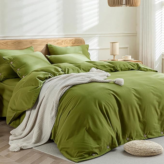 JELLYMONI Christmas Duvet Cover Twin Size - Avocado Green Comforter Cover with Button 100% Washed Cotton 2PCS Breathable Soft Solid Bedding Set Duvet Cover 68×90in & 1 Pillowcase (NO Comforter)