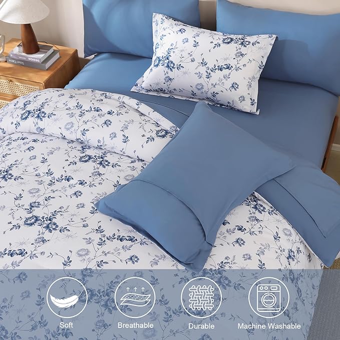 Luxudecor Floral Queen Comforter Set 7 Pieces Bed in a Bag, Blue Rose Romantic Flower Bed Set, Soft Reversible Comforter with Sheet Set 90"x90"