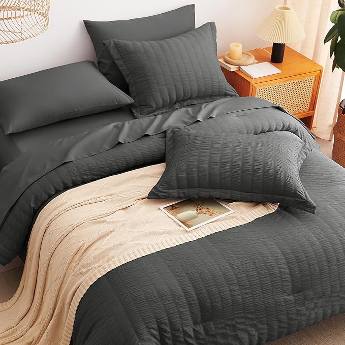 CozyLux Twin Comforter Set with Sheets 5 Pieces, Dark Grey Seersucker Textured Bed in a Bag, Dark Gray Luxury Soft Bedding Sets with Down Alternative Comforter, Sheets, Pillowcase & Sham All Seasons