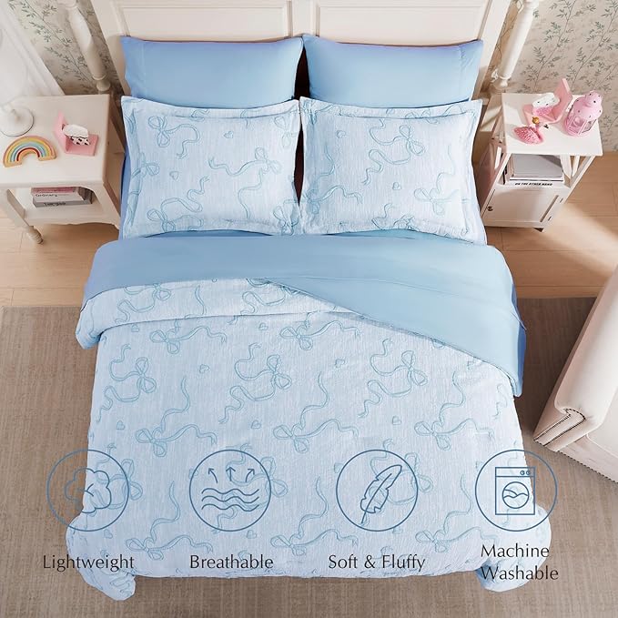 Geniospin Light Blue Twin Comforter Set for Girls- 5 Pieces Bowknot Jacquard Bed in A Bag Twin Bedding Sets with Sheets, Pillowcases & Shams, All Season Kids Comforter Set