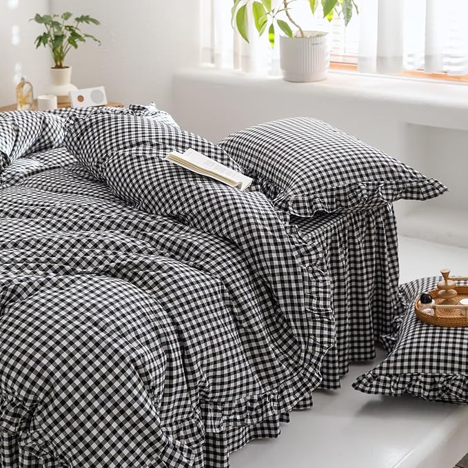 mixinni Black White Gingham Ruffle Duvet Cover Full Size 3 Pieces – 100% Washed Cotton, Vintage Plaid Ruffled Bedding Set with Zipper Ties, Soft Checkered Grid Farmhouse Chic Comforter Cover Set