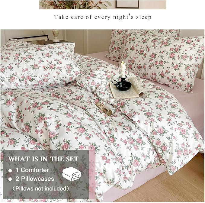 VM VOUGEMARKET Peach Flower Comforter Set Queen Garden Floral Comforter with 2 Pillowcases Cottagecore Aesthetic Fluffy Bedding Comforter Set for Girls Women 90"x90"