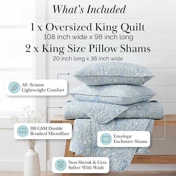Southshore Fine Living, Inc. Boho Quilt Set, Lightweight Bedspread, Summer Coverlet, 3-Piece Paisley Bedding Set with Two Matching Pillow Shams, California King Quilts, Blue Paisley