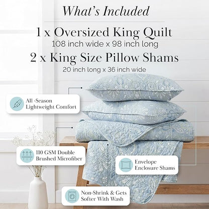 Southshore Fine Living, Inc. Boho Quilt Set, Lightweight Bedspread, Summer Coverlet, 3-Piece Paisley Bedding Set with Two Matching Pillow Shams, California King Quilts, Blue Paisley