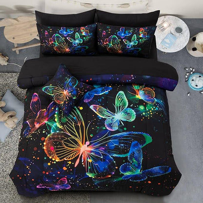 A Nice Night Galaxy Bedding Sets,3D Butterfly Flying in Space Printed,Like Glitter Butterflies 6pcs Bed in a Bag Queen Comforter Set, for Girls Boys Kids Teens