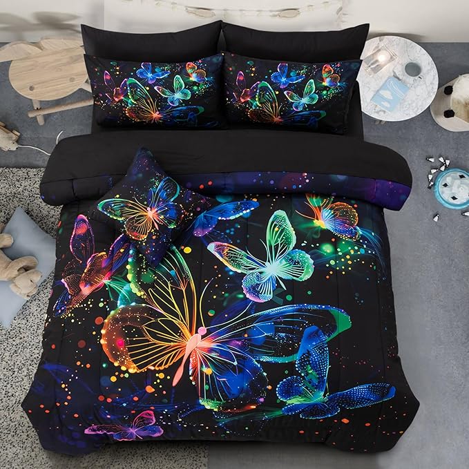A Nice Night Galaxy Bedding Sets,3D Butterfly Flying in Space Printed,Like Glitter Butterflies 6pcs Bed in a Bag Twin Comforter Set, for Girls Boys Kids Teens