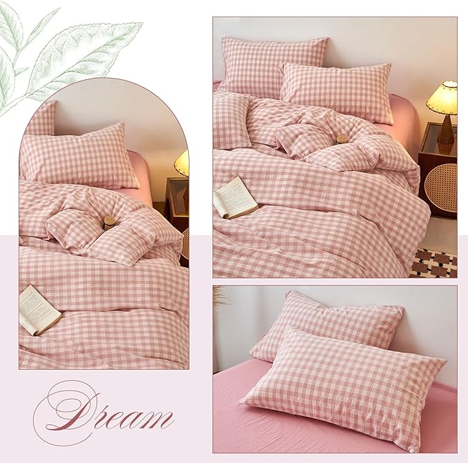 EAVD Vintage Style Gingham Plaid Duvet Cover Queen Pink White Soft 100% Washed Cotton Chic Warm Checkered Bedding Set with 2 Pillowcases Farmhouse Grid Gingham Duvet Cover with Zipper Closure