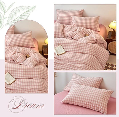 EAVD Vintage Style Gingham Plaid Duvet Cover Queen Pink White Soft 100% Washed Cotton Chic Warm Checkered Bedding Set with 2 Pillowcases Farmhouse Grid Gingham Duvet Cover with Zipper Closure