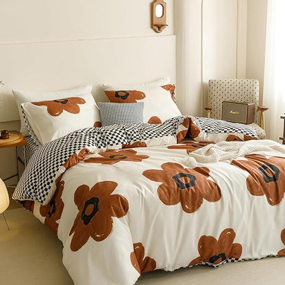 KAREVER Pumpkin Floral Comforter Twin White with Pumpkin Flower Bedding Set 3 PCs Comforter Set Twin Size Comforter (68x90 Inches) with 2 Pillowcases (26x26 inches)