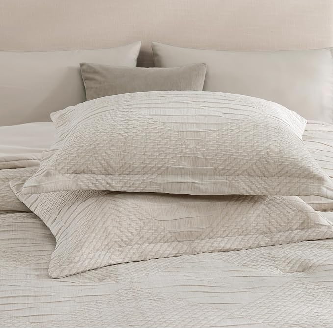 MaiRêve Full Size Comforter Set Beige, Crinkle Textured Design Boho Bedding Set 7 Pieces Bed in A Bag, All Season Geometric Comforter Set with Sheets, Pillowcases & Shams