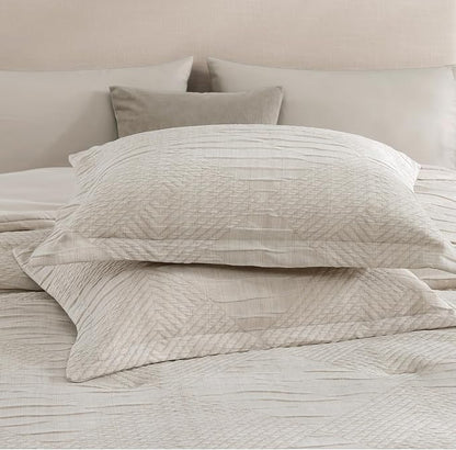 MaiRêve Full Size Comforter Set Beige, Crinkle Textured Design Boho Bedding Set 7 Pieces Bed in A Bag, All Season Geometric Comforter Set with Sheets, Pillowcases & Shams