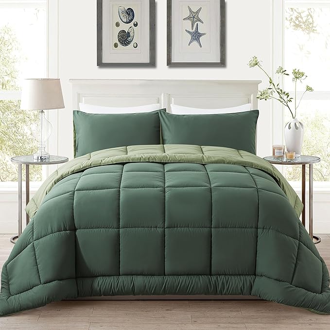 DOWNCOOL Queen Comforter Set -All Season Bedding Comforters Sets with 2 Pillow Cases-3 Pieces Bedding Sets Queen -Down Alternative Double Green Queen Size Comforter Sets(88"x92")