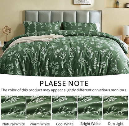 MUXHOMO Duvet Cover King Size, Reversible Floral Dark Green Duvet Cover Set with Zipper Closure, 3 Pieces Botanical Patterns Soft Microfiber Bedding Set (90"x104", 2 Pillow Cases 20"×36")