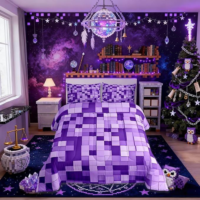 Pixel Grid Miners Kids Bedding Set King Size,Video Games Plaid Lattice Comforter Set,Geometric Check Quilt Comforter,Light Purple Bedroom Duvet Insert,2 Pillowcases