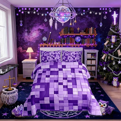 Pixel Grid Miners Kids Bedding Set King Size,Video Games Plaid Lattice Comforter Set,Geometric Check Quilt Comforter,Light Purple Bedroom Duvet Insert,2 Pillowcases