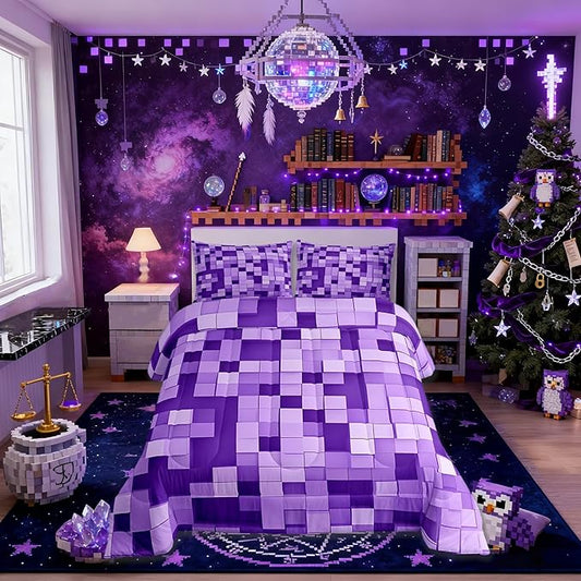 Pixel Grid Miners Kids Bedding Set King Size,Video Games Plaid Lattice Comforter Set,Geometric Check Quilt Comforter,Light Purple Bedroom Duvet Insert,2 Pillowcases