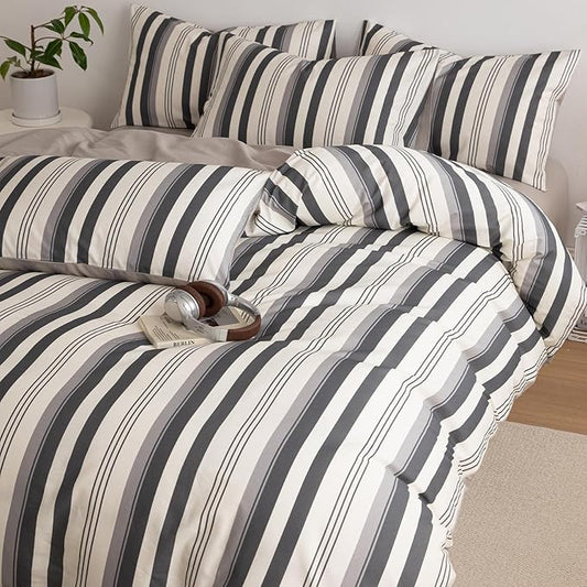 Striped King Duvet Cover Off White Charcoal Gray King Comforter Cover Cotton Boho Patterned Soft Duvet Cover Set with Hidden Zipper Vertical Stripe Bedding Set Farmhouse Duvet Protector