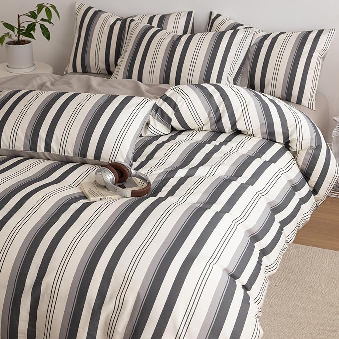 Striped Full Duvet Cover Off White Charcoal Gray Full Size Comforter Cover Cotton Boho Patterned Soft Duvet Cover Set with Hidden Zipper Vertical Stripe Bedding Set Farmhouse Duvet Protector