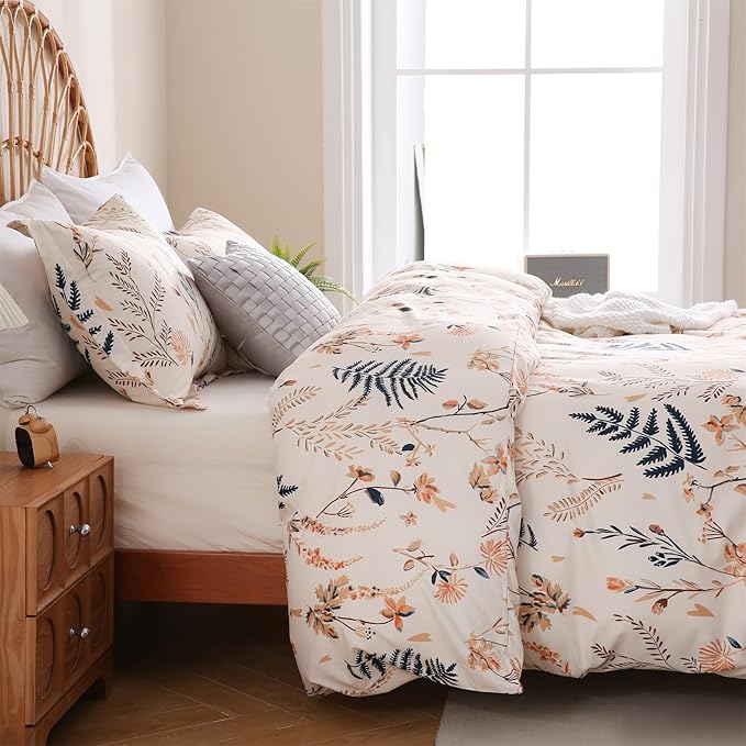 JSD Fall Floral Duvet Cover Set King Size, 3 Piece Boho Botanical Printed Microfiber Comforter Covers Zipper Closure