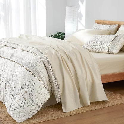 Wake In Cloud - Boho Comforter Set, Farmhouse Bohemian Western Aztec Neutral Aesthetic, Soft Lightweight Bedding, 3 Pieces, Beige, Full Size