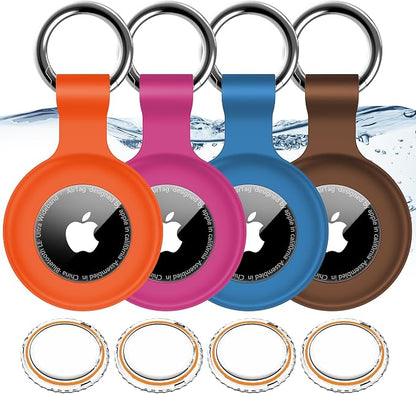 1|2|4Pack for Apple AirTag Holder with Keychain for Air Tag 2nd/1st Gen | Waterproof Air Tag Cover GPS Tracker Anti-Scratch Silicone Air-Tag Case for Pets,Kids-Blue+Brown+Orange+Rose Red