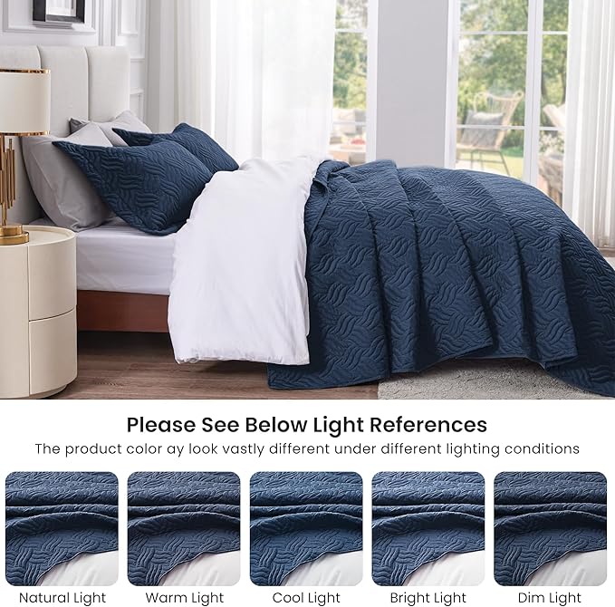 Love's cabin King Size Quilt Set Navy Blue Bedspreads - Soft Bed Summer Lightweight Bedspread Comforter - Modern Style Wave Pattern Coverlet for All Season - 3 Pieces (1 Quilt, 2 Pillow Shams)