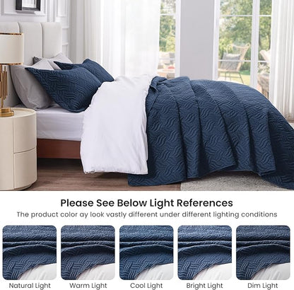 Love's cabin King Size Quilt Set Navy Blue Bedspreads - Soft Bed Summer Lightweight Bedspread Comforter - Modern Style Wave Pattern Coverlet for All Season - 3 Pieces (1 Quilt, 2 Pillow Shams)