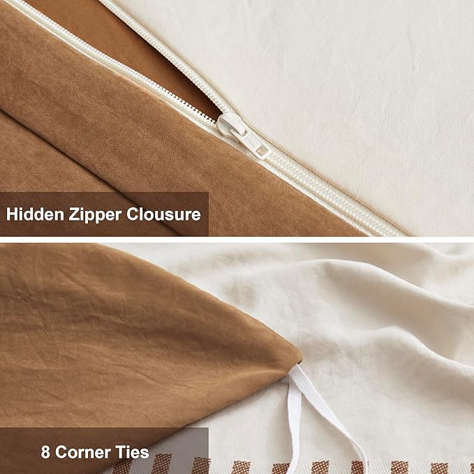 Oli Anderson Boho Duvet Cover Set Queen Size, Beige and Terracotta Color Clash 3 Pieces Microfiber Bedding Set, Durable and Super Soft Duvet Covers with Zipper and Ties, 90"*90"