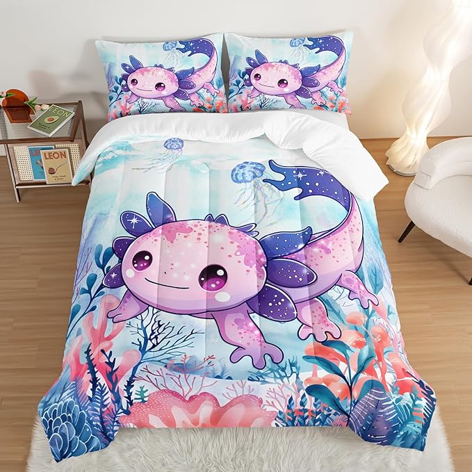 Cute Axolotl Bedding Set Queen Size,Color Axolotl Waterweed Jellyfish Pattern Toddler Bed Comforter Set,Kawaii Ocean Life Bedding Sets for Kids Boys Girls Room Decor with 2 Pillowcases.