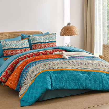 Boho Comforter Set Queen Size,7 Pieces Bohemian Comforter Bedding Set Bed in a Bag,Teal Paisley Floral Comfortet and Sheet Set,Soft Microfiber Striped Bedding Sets for All Season