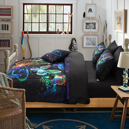 A Nice Night Galaxy Bedding Sets,3D Butterfly Flying in Space Printed,Like Glitter Butterflies 6pcs Bed in a Bag Queen Comforter Set, for Girls Boys Kids Teens