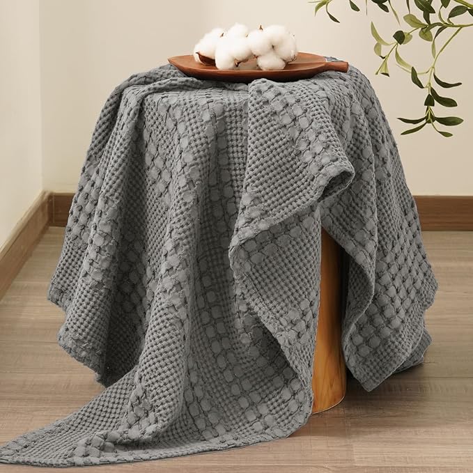 PHF 100% Cotton Waffle Weave Throw Blanket, Soft Lightweight Breathable Cozy Throws for Couch Bed Sofa, Luxury Aesthetic Blanket Gift for Home Decor & Office, 50"x60", Dark Grey
